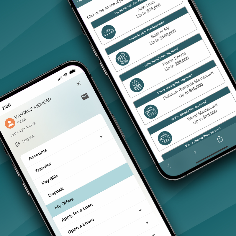Screenshots of Vantage digital banking app